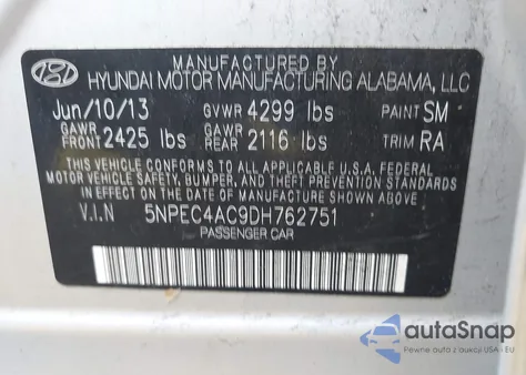 2013 Hyundai Sonata Se from USA, damaged, VIN 5NPEC4AC9DH762751